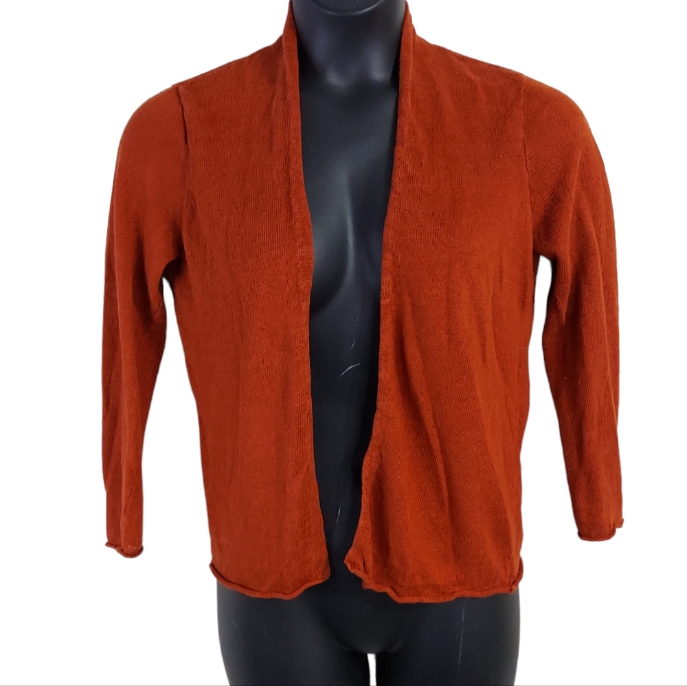 Eileen Fisher Petite Small Cinnamon Orange 100% Linen Knit Cardigan Sweater LS